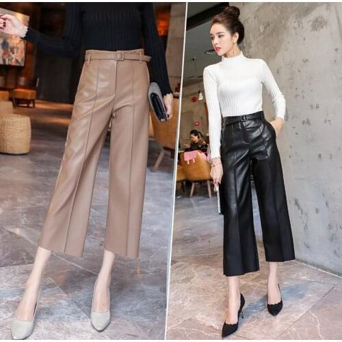 Autumn Faux PU Leather Pants Women With Belt High Waisted Wide Leg Anke-length Womens Trousers 2020 Spring NEW Fashion Clothes