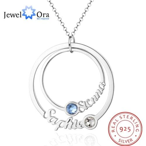 JewelOra 925 Sterling Silver Personalized Name Necklace with 2 Birthstones Custom Double Circle Couple Necklaces for Lovers