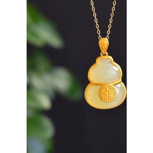 Natural Hetian Jade Necklace Female Clavicle Chain Sterling Silver Ruyi Fu Lu Jade Calabash Pendent Female Fu Character Gourd Pe
