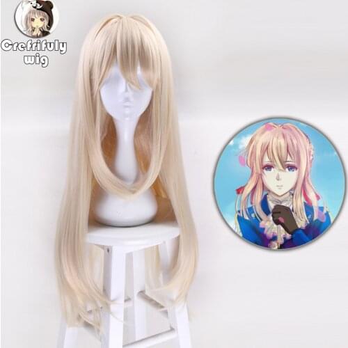 80cm New Violet Evergarden Anime Cosplay Wig Women Long Straight Blonde Synthetic Hair Wigs For Costume Party Perucas + Cap