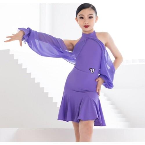 Fashion Off-Shoulder Mesh Puff Sleeve Latin Dance Dress Girls Prom Tango Samba Competition Costume Performance Stage Wear YS2145