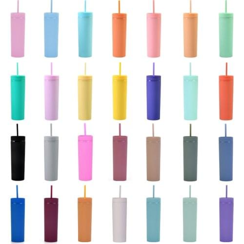 Double wall matte finish reusable skinny 473ml 16oz plastic tumbler double wall tumbler with straw