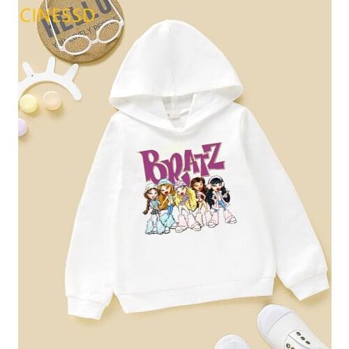 Cartoon bratz hoodie cute sweatshirt for girls winter plus velvet thick cap hoodies kids white pink yellow casual clothes hoody