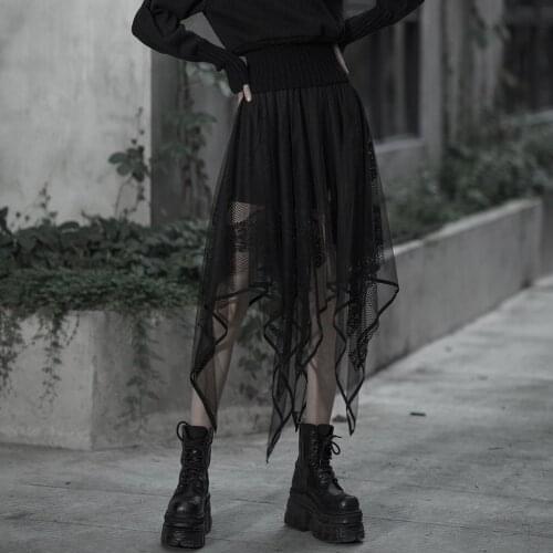PUNKRAVE Womens Goth Transparent Chiffon Half Skirt Personality Embroidery Elastic Waistband Asymmetrical Hem Lace Long Skirts