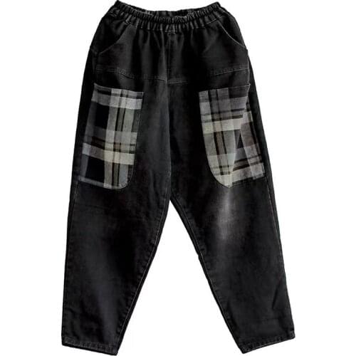 2021 Korean Retro Literature and Art Aging Cowboy Womens Fashion Check Stitching Large Pocket Versatile