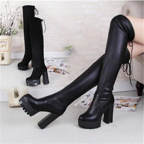 Autumn Winter Warm Leather Platform Women Long Boots Over the Knee Boots Platform Sexy Female Thigh High Boots Botas Mujer Black