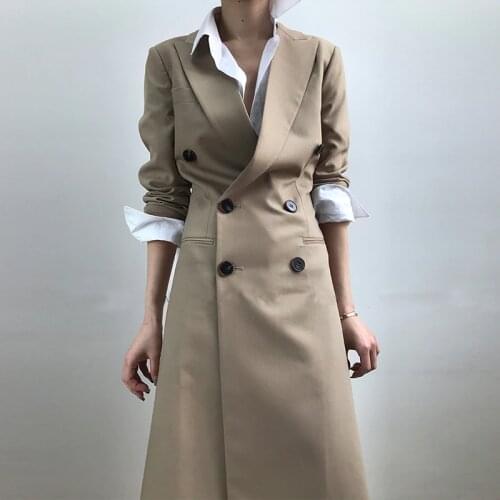2019 Autumn New Long Trench Coat Female Lapel Collar Double Breasted Slim Basic Windbreaker Spring Fashion OL Clothing R826