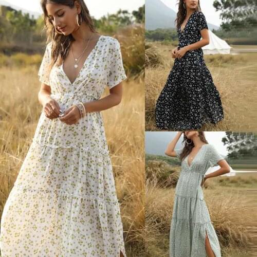 CINESSD Floral Print Bohemian Dress White Sexy V Neck Short Sleeves Ruffles A Line Swing High Waist Split Long Boho Maxi Dresses