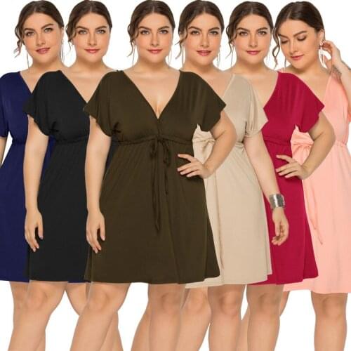 Plus Size Women Sexy V-neck Backless Mini Dress Summer Short Sleeve Solid Color Casual Slim High Waist Lace Up Drawstring Dress
