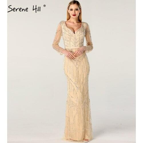 Gold V-Neck Dubai Design Sexy Evening Dresses Luxury Long Sleeves Beading Crystal Evening Gowns 2020 Serene Hill LA60831