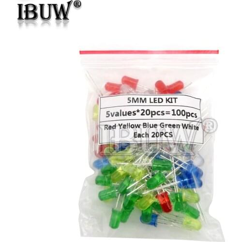 100PCS 5mm LED Diode Light Assorted Kit 5Colors*20PCS Green Blue White Yellow Red COMPONENT DIY kit
