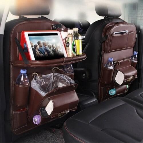 Leather Car Seat Back Organizer Storage Bag Foldable Car Table Tray Holder Travel Multifunction Stowing Tidying Auto Accessories