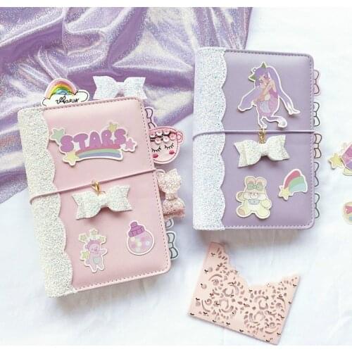 Macaron Color Cute Loose-leaf Notebook Journal Stationery Set Kawaii Sequin Diary Journal Planner 6 Holdes Binder Notepad Agenda