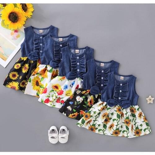 Girls Denim Floral Dress Denim Bow Print Dress Summer Clothing Girls Princess Party Clothes Children Fashion Outfit Costume
