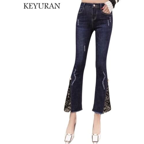 Spring Luxury Beading Hole Ripped Mid Waist Big Flared Jeans Female Boot Cut Embroidery Lace Bell Bottom Jeans Denim Trousers