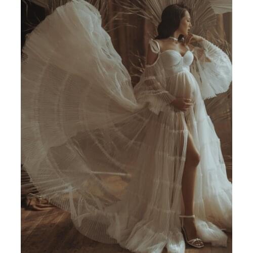 Elegant Maternity Dress Gown for Photo Shoot Props Split Maternity Photography Tulle Gown Costume Bridal Dress Bathrobe