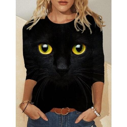 Printed T-shirt Summer Fashion Cool Top Womens Long Sleeve 3D Printing Green Cat Harajuku O-Neck Pullover Breathable Clothing