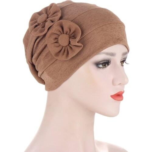 2021 New Side Flower Design Hair Scarf Spring Fashion Headscarf Hat Solid Color Stretch Turban Hat Hair Loss Cap Headwear