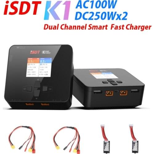 ISDT K1 AC 100-240V 100W DC 10-30V 250Wx2 Dual Channel Balance Lipo Fast Charger 2.4 IPS LCD Display for Lipo LiFe Battery