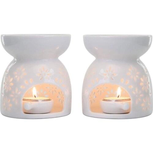 Ceramic Tealight Candle Holder Oil Burner, Essential Oil Incense Aroma Diffuser Furnace Home Decoration Romantic White Set Of 2