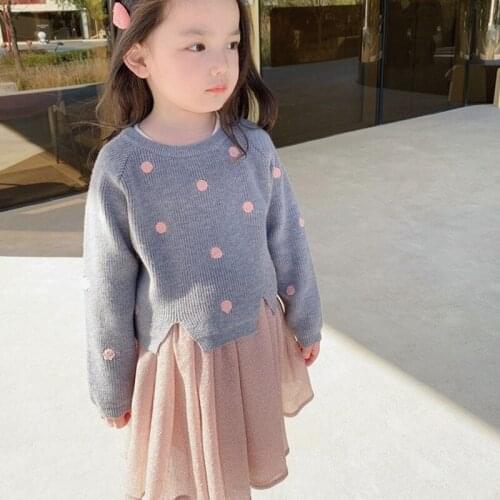 Cute Girls' Clothes Sets 2021 New Spring Autumn Long Sleeve Ploka Dot Sweater Top + Mesh Yarn Skirt Sweet Children Dress