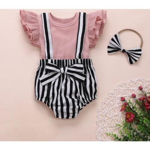 Newborn Baby Girls Three-piece Outfit Set 6M-3Y Solid Color Flare Sleeve Dress T-shirt Top Striped Suspender Shorts Headband Kit