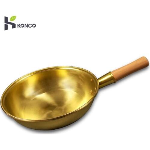 KONCO 100% Pure Copper kitchen Wok Pan Copper Pot Thickened Wooden Handle Frying Pan Brass Frying Pan Cookware
