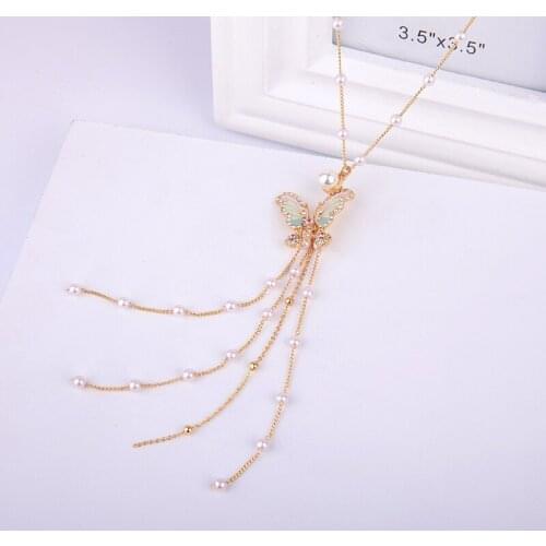 Fashion costume jewelry accessories high quality gold metal enamel pearl chain tassel butterfly long necklace