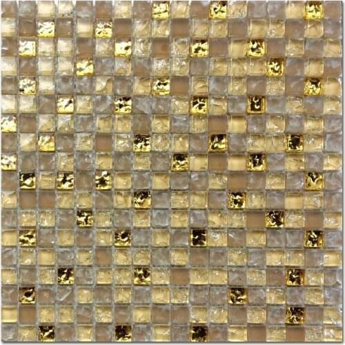 11PCS Golden Ice-cracked Crystal Glass Mosaic Wall Tiles, DIY Kitchen Bathroom Fireplace Brick Tiles
