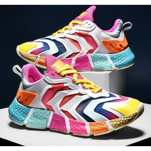 Mens Mesh Breathable Rainbow Colors Lace Up Sneakers Shoes Boys Sport Casual Athletic Korean Styles Plus Size