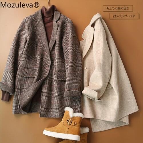 Mozuleva Women Hand-Stitched Double Sided Cashmere Wool Plaid Coat Autumn Winter Japanese Loose Woolen Coat Female Wool Outwear