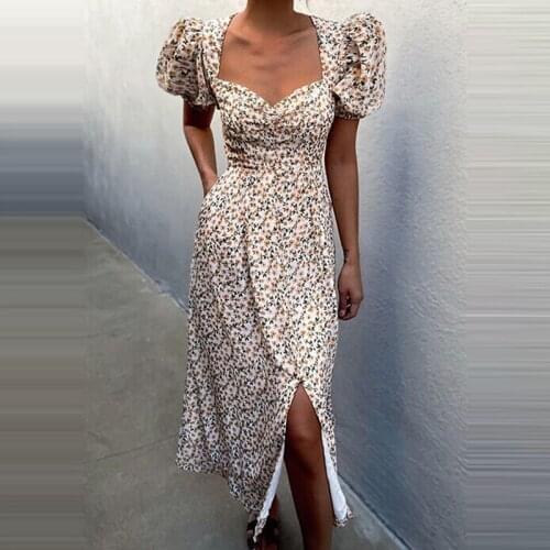 V-neck Sexy Dress Summer 2021 Womens European and American Printed Bubble Sleeve Dress Woman Fashion Temperament Vestidos 15155