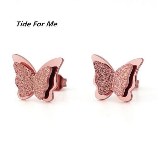 Animal Butterfly Earrings Rose Gold Color Stainless Steel Stud Earrings for Women Child Frosted Butterfly Cartilage Ear Studs