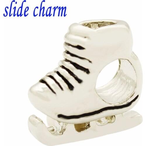 Slide charm Free shipping black and white sports ice skates charm beads fit Pandora bracelet
