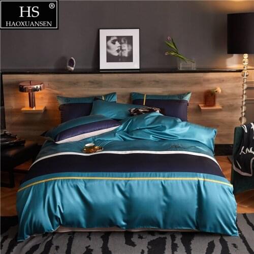 Modern Business Embroidery Bedding Sets Sapphire Blue Design Duvet Covers Cotton Bed linens Bedsheet/Fitted Sheet Pillow Covers