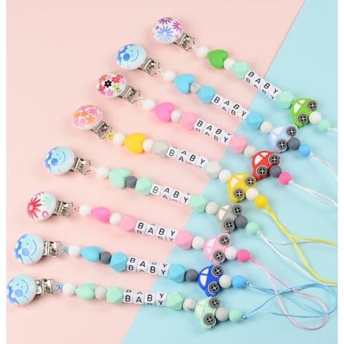 Customed Baby Personalised Name Pacifier Chain Silicone Car Wooden Clips Soother Pacifier Chain Nipple Holder for Baby Gifts