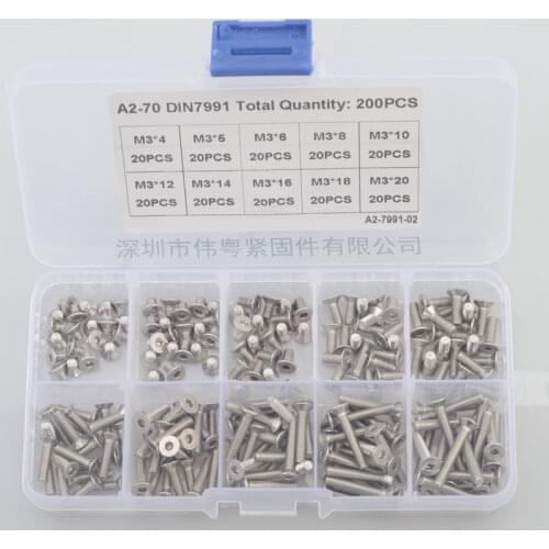200pcs M3 mm flat head countersunk head grade 10.9 304 stainless steel Hex Socket Head Cap Screw DIN7991 Screws