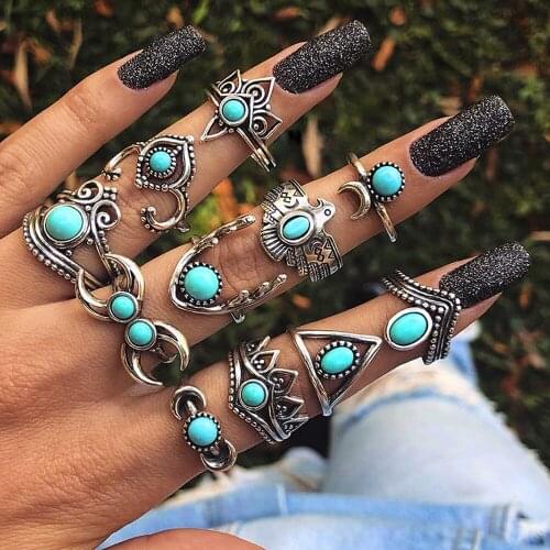 Vintage Ring 11PCS/Set For Womens Simple Alloy Gem Geometric Crescent Owl Fashion Jewelry Gift 2021Turquoise Finger Knuckle Hoop