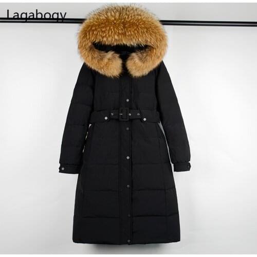Lagabogy 2021 Women Winter 90% White Duck Down Jacket Large Real Raccoon Fur Female Long Warm Parka Hooded Pocket Coat With Belt
