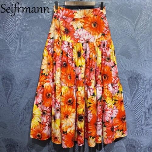 Seifrmann New 2021 Summer Women Fashion Designer Cotton Skirt High Waist Patchwork Floral Printed Elegant Slim Fit A-Line Skirts