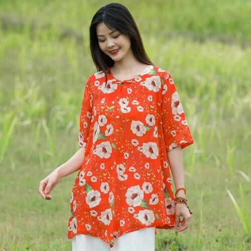 Women Summer Ramie Printed Irregular Length Shirts Tops Female Loose Ramie Print Shirt Ladies 2020 Ramie Tops