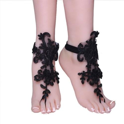 Black Lace Woman Bridal Anklets Wedding Barefoot Sandals Shoes Beach Foot Sunbathing 2020