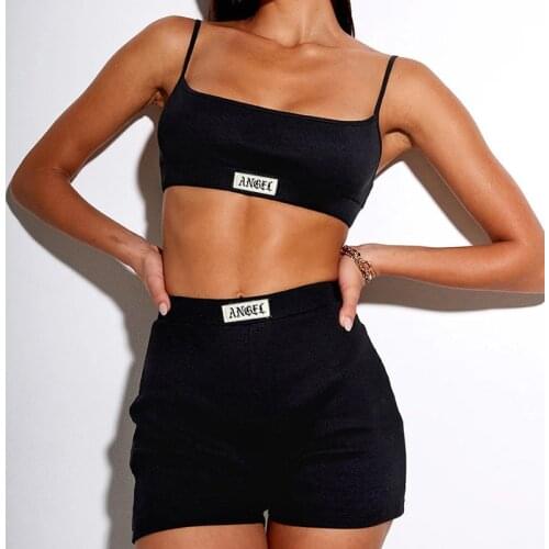 Summer Ribber Women Cotton Pajamas Set Black Spaghetti Strap Crop Top And Mini Biker Shorts Embroidery Sexy Outfit Party 2pcs