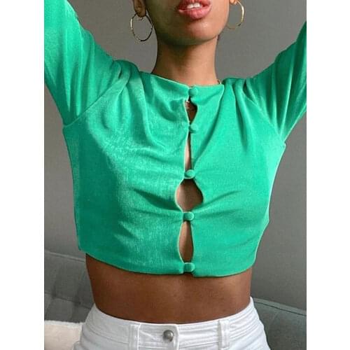 Tossy Single-Breasted Summer New Womens Crop Top Shirt Sexy Long Sleeve Buttons Tops Vintage Streetwear Designer Green Cardigan