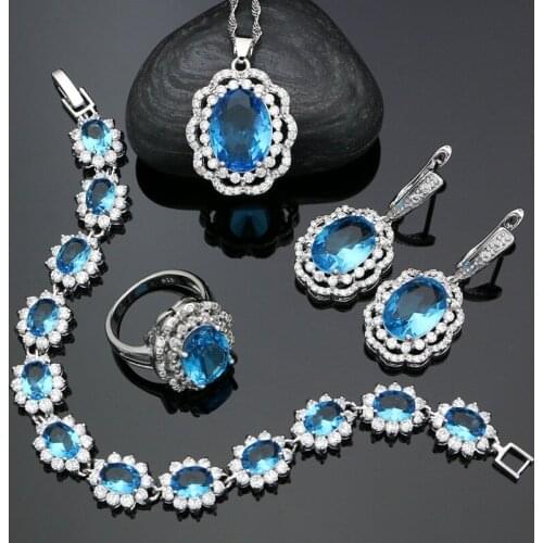 925 Silver Jewelry Sets For Women Sky Blue Cubic Zirconia Earrings Ring Bracelet Pendant Necklace Set For Bride Silver Jewellery