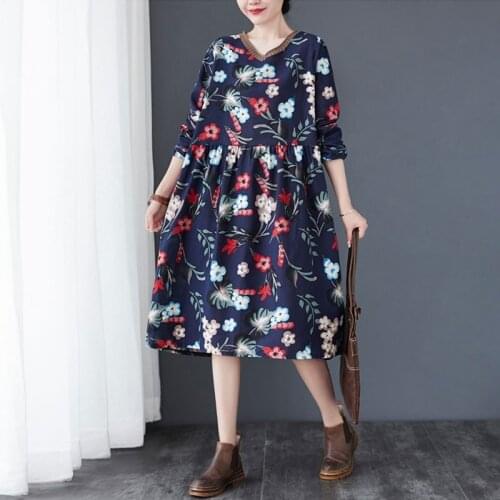 Women Cotton Linen Casual Dress New 2021 Spring Vintage Style V-neck Floral Print Loose Comfortable Female Long Dresses S2952