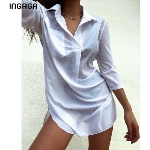 INGAGA V-neck Beach Dress 2021 Summer Transparent Bikini Cover Up T-shirt Swimwear Women Long Sleeve Swimsuits Sexy Beachwear