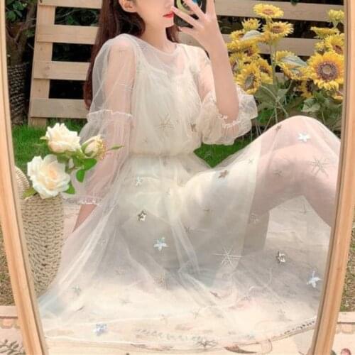 Summer Sweet Mesh Dress Women Casual Holiday Midi Embroidery Sequins Dress Female Puff Sleeve Kawaii Princess Y2k Dress 2021 New
