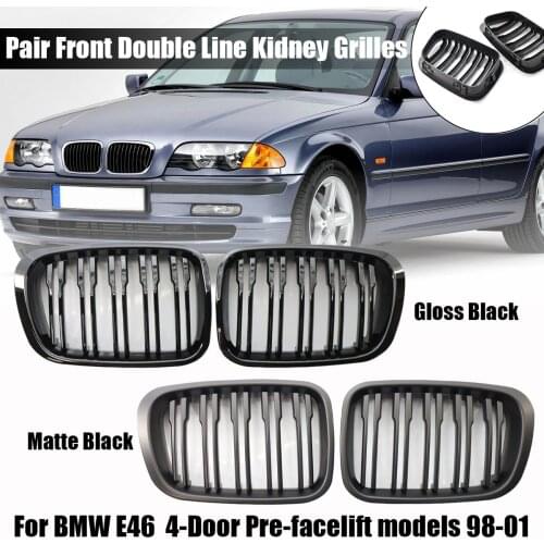 2Pcs Car Style Gloss Black Front Kidney Double Slat Grill Grille for BMW E46 4 Door 4D 3 Series 1998 1999 2000 2001