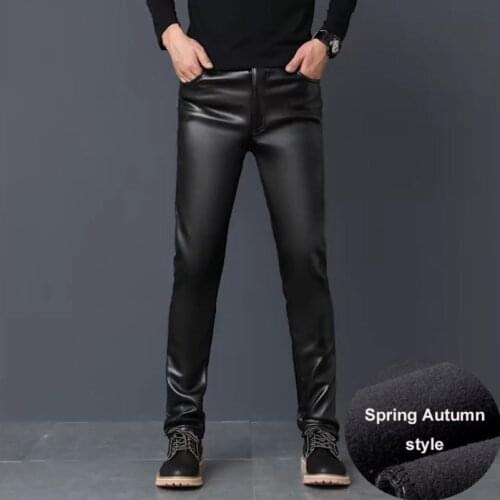 #2201 Winter PU Faux Leather Pants Men Skinny Windbreak Waterproof Motorcycle High Elastic Tight PU Leather Trousers Plus Size